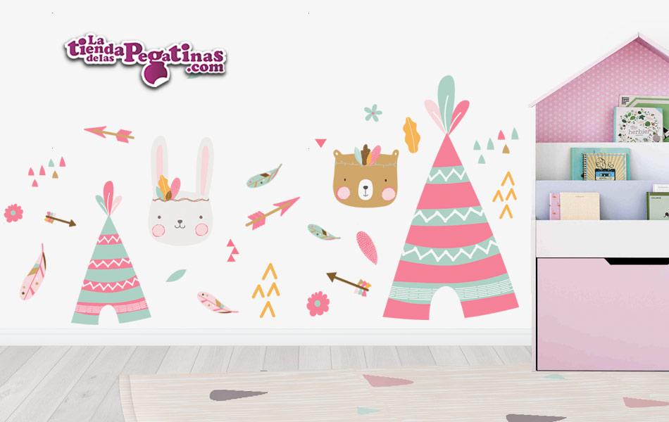 Vinilo decorativo teepee, conejito y osito boho